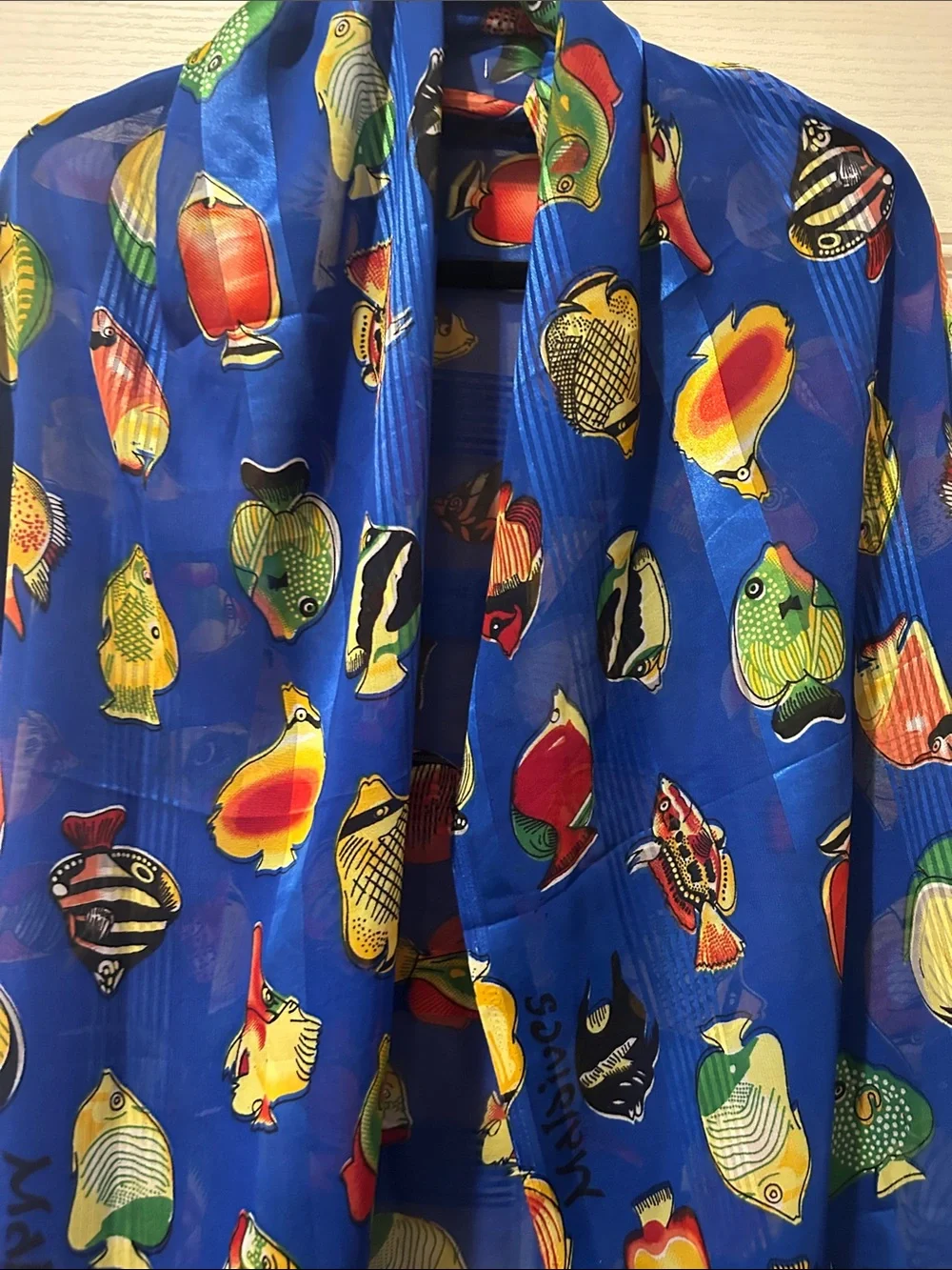 Vibrant Blue Fish Print Fringe Scarf/Shawl